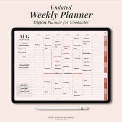 Undated Digital Weekly planner for Goodnotes, Weekly planner PDF, weekly agenda, ipad planner, Week at a glance undated
