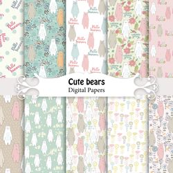 Seamless Patterns, woodland bear, digital paper pack.