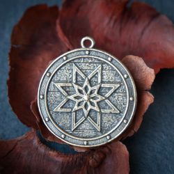 Alatir pendant on leather cord. Perun star necklace. Svarog solar jewelry. Sacred sign Handcrafted Pagan art. Mascot