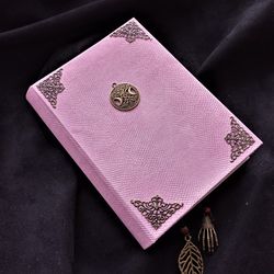 New witch spell book with text pink Old witchcraft book real celtic Crescent moon spell book  Custom grimoire