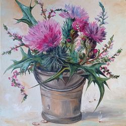 scottish thistle painting original artwork floral oil painting flowers art wild flower painting thistle artwork 16 by 16