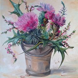 Scottish Thistle Painting Original Artwork Floral Oil Painting Flowers Art Wild Flower Painting Thistle Artwork 16 by 16