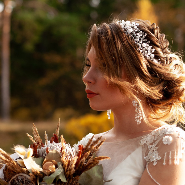Wedding tiara, Pearl branch, Pearl vine on a bride
