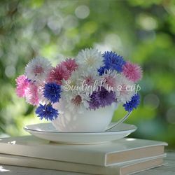 Cornflowers bouquet photo, picture of flowers in a cup, digital download, farmhouse decor, nature photography