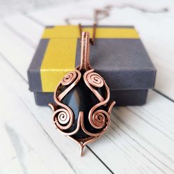 wire wrapped copper necklace with black obsidian.