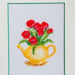TULIPS IN A TEAPOT cross stitch pattern PDF by CrossStitchingForFun Instant Download, TULIPS cross stitch pattern PDF