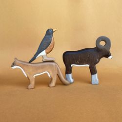 Wooden animals figurines (3 pcs) - Ram, American robin and Puma wooden toys - Wooden ram figurine- Wooden animals toys