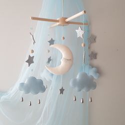 Moon and Stars nursery mobile. Baby mobile boy. Starry Sky decor. Moon baby shower gift.