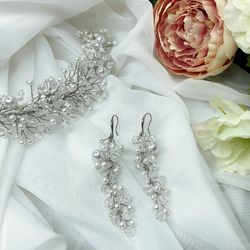 Wedding jewelry set, Wedding tiara, Pearl vine, Wedding earrings, Pearl long earrings,Bridal accessories, Bridal earring