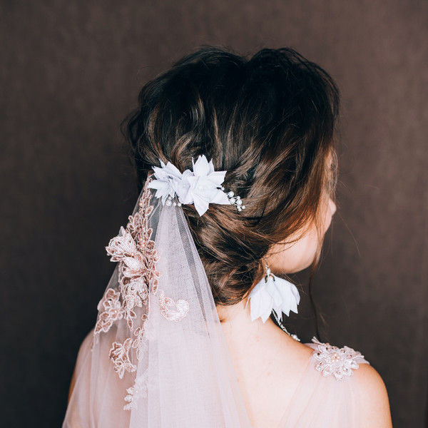 wedding flower jewelry set, flower long earrings, flower branch, on the bride