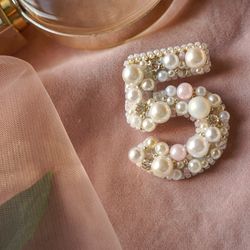 number 5 cc brooch, brooch for women, beaded pin, ivory pink pearl design brooch classic brooch women pin birthday gift