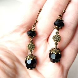 earrings black agate long antique bronze dangle drop