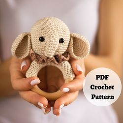 Crochet Elephant Pattern Cute Rattle Baby Toy 0-12 months, Teether Ring