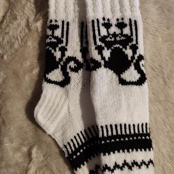 knitted scratchy black & white cat woollen winter, handmade quality stockings