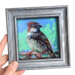 Original bird oil painting framed 4x4, Painting yellow bird sparrow, Small painting framed of birds for bird