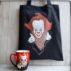 Pennywise.Black shopping bag. Shopper with drawing.Durable Eco-friendly bag.
