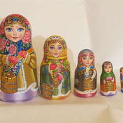Traditional Russian nesting dolls matryoshka 5 - Girls with rocker arms art painted wooden stacking dolls