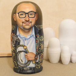 Personal gift for man boss - matryoshka portrait Russian art painted wooden doll