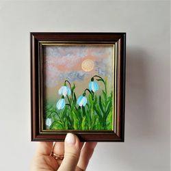 Sunset painting landscape, Snowdrop artwork small wall decor