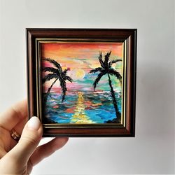 Sunset landscape acrylic painting, Framed coastal wall art
