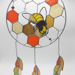 Stained Glass Bee Dreamcatcher, Honeybee Stained Glass Suncatcher, Honeycomb Decoration, Feather Garden Ornament