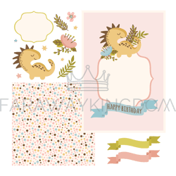 dino card maker floral cartoon seamless frame vector set