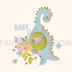 dino with flowers hand drawn vector illustration apparel set