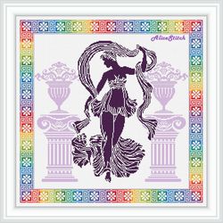 Cross stitch pattern sampler Aphrodite greek goddess beauty silhouette Greece ancient rainbow counted crossstitch PDF