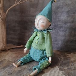 handmade green gnome. ooak doll. handmade art doll.