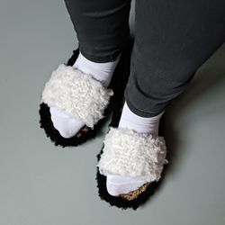 Rope indoor slippers Handmade Hemp shoes Wool Womens Black and White