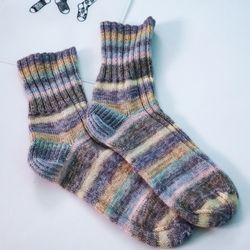 Knitted socks, Wool knit socks, Colorful socks for women, Christmas present, Gift for her, Pink striped sock