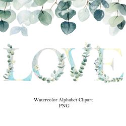 Watercolor floral alphabet, eucalyptus letters.