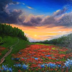 Dawn Over a Flower Field Oil Painting Wall Art Canvas 16*16 inch Original Oil Painting Summer Landscape Floral Landscape