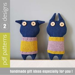denim toys sewing patterns and knitted patterns pdf, cat and bunny in sweaters, 2 digital tutorials PDF