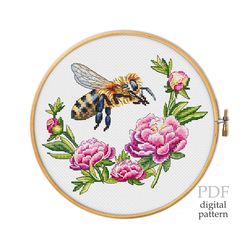 Bee lands on peony for cross stitch pattern