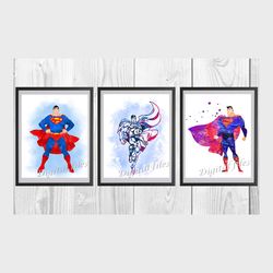 Superman DC Superheroes Set Art Print Digital Files decor nursery room watercolor