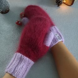 Wool mittens for women, Angora winter gloves, Knitted arm warmers, Gift for her
