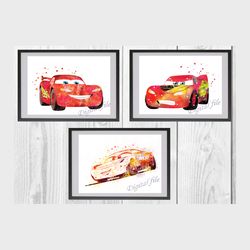 Cars Lightning McQueen Set Disney Art Print Digital Files nursery room watercolor