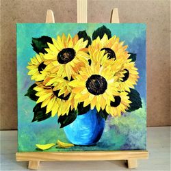 Sunflower bouquet painting bright floral wall art impasto