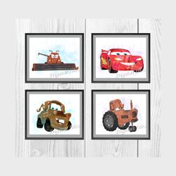 Cars Lightning McQueen Set Disney Art Print Digital Files nursery room watercolor