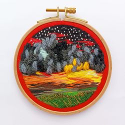 Landscape Sunset View Embroidery Scenery Hoop Art Thread Painting Circle Wall Hanging Unique Gift For Him/Her