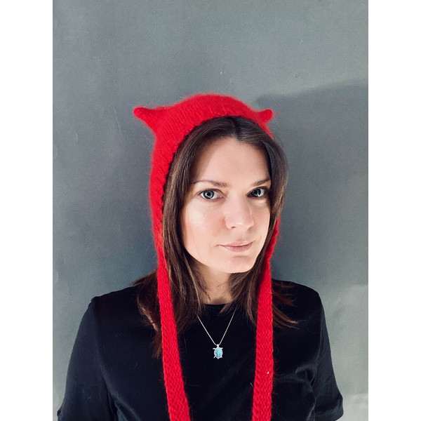 knitted wool kitty bonnet hat with ears devil hat red66.jpg