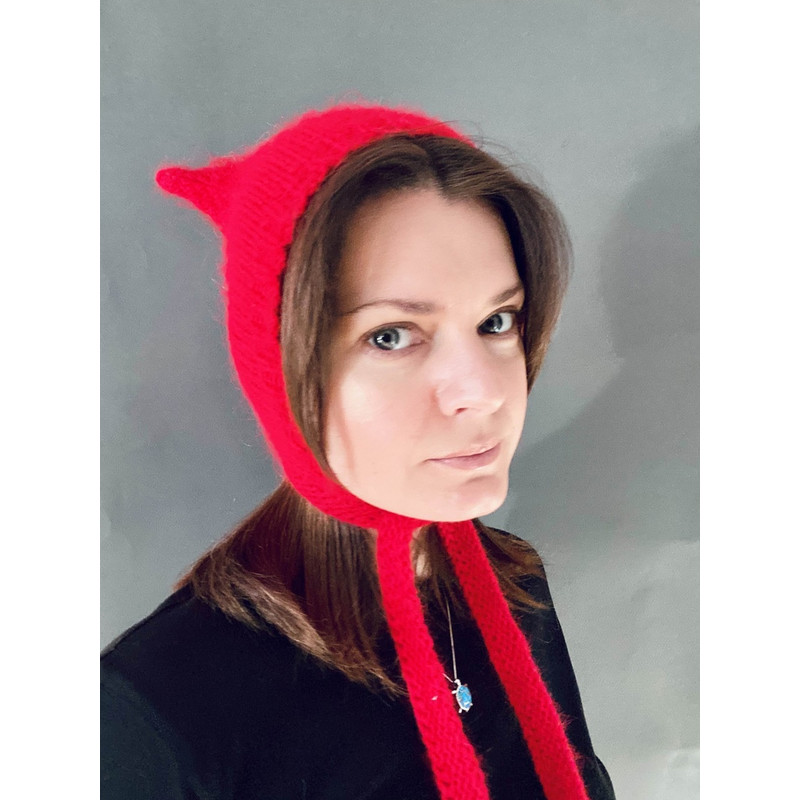 knitted wool kitty bonnet hat with ears devil hat red5.jpg