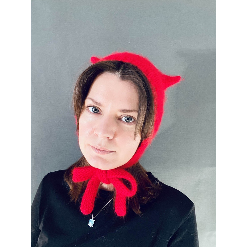 knitted wool kitty bonnet hat with ears devil hat red.jpg