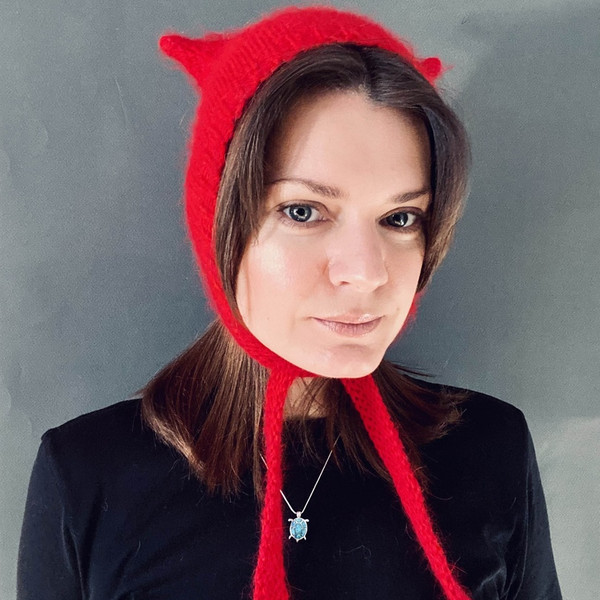 knitted wool kitty bonnet hat with ears devil hat red6.jpg