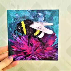 Bumblebee wall art painting insect artwork aster flower pink
