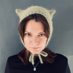 Hand knitted wool bonnet hat with ears kitty hat