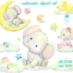 elephant wreath, watercolor little animal clipart, butterflies, flowers, safari, africa kids, cute, nursery art, baby-sh