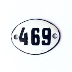 Enamel metal white black number sign 469 apartment oval plate vintage