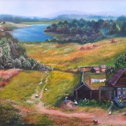 Original painting Summer Village. Landscape on canvas Large oil painting.